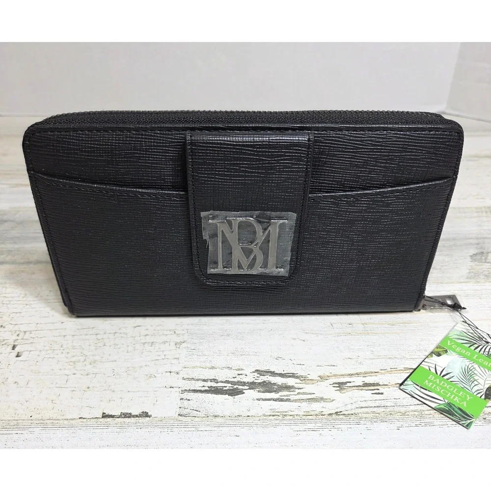 Badgley Mischka Black Vegan Leather Zip Around Long Wallet Clutch NWT